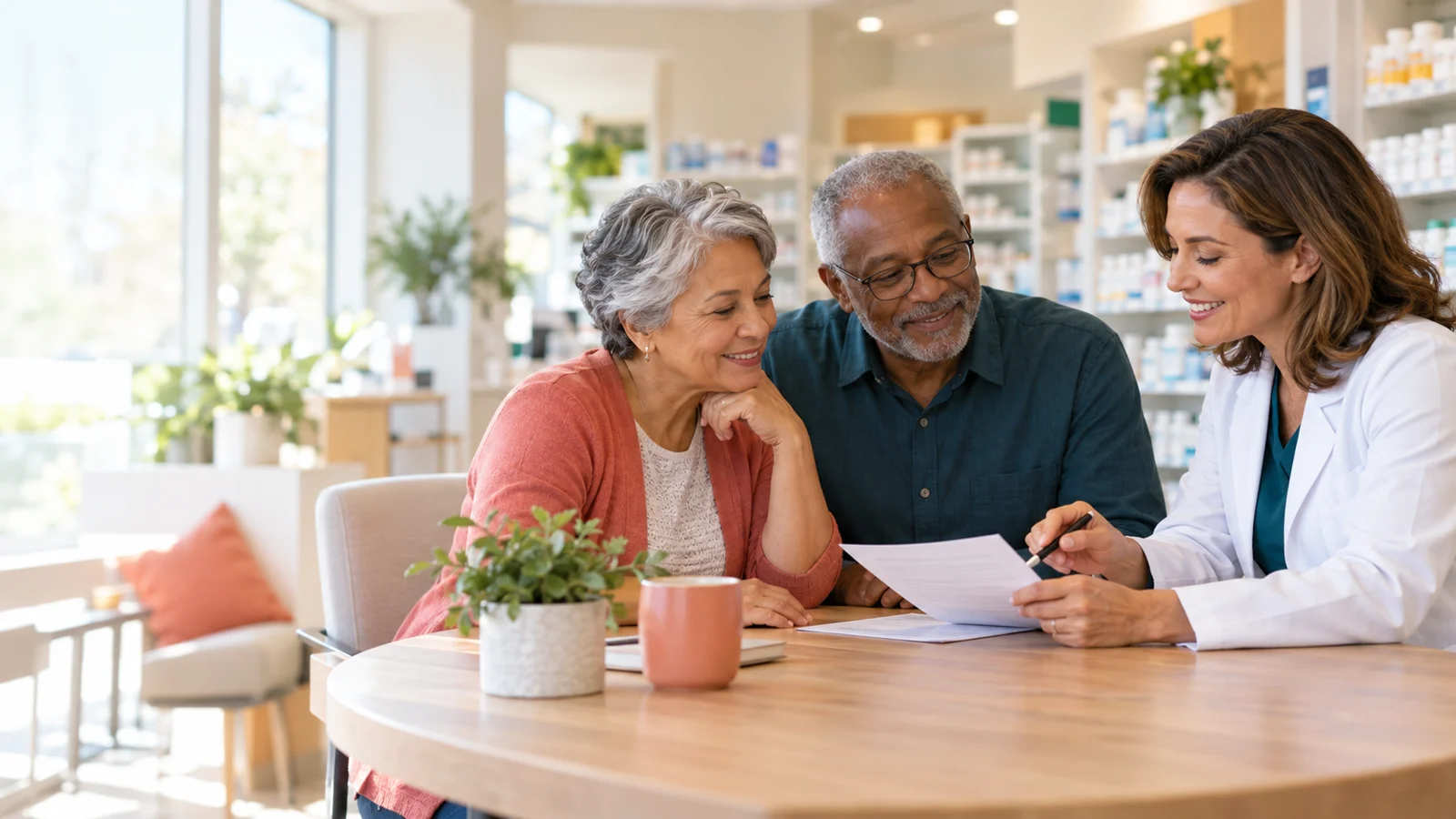 Illustration of a pharmacist and older couple reviewing prescription expenses